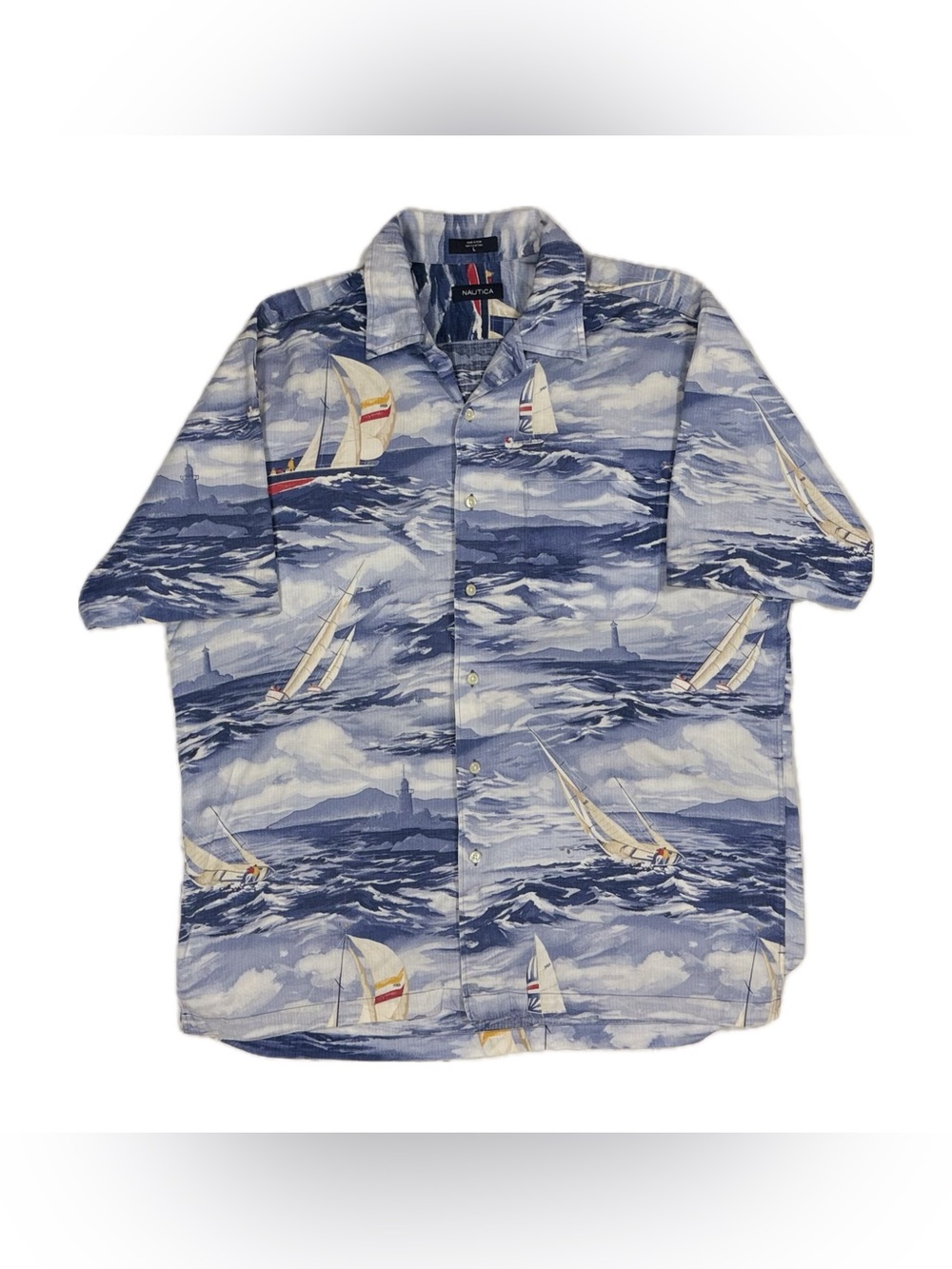 Vtg‎ Nautica Blue White Sailboat Print Short Sleeve Button Up Shirt Men Large